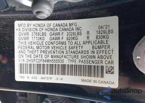 2021 Honda Civic Sport from USA, damaged, VIN 2HGFC2F84MH555935